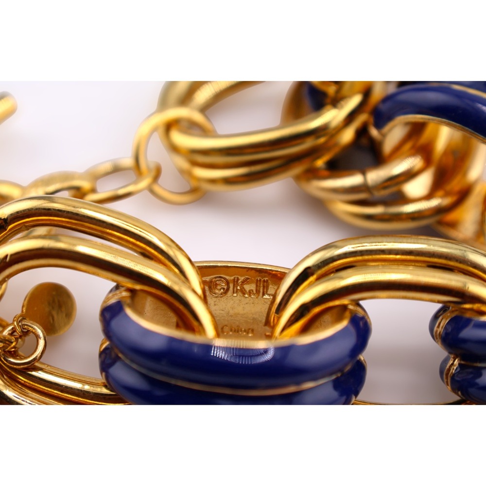 Kenneth Jay Lane KJL Blue Enamel Gold Chunky Chain Link Bracelet NOS Mint Vtg - Picture 5 of 7